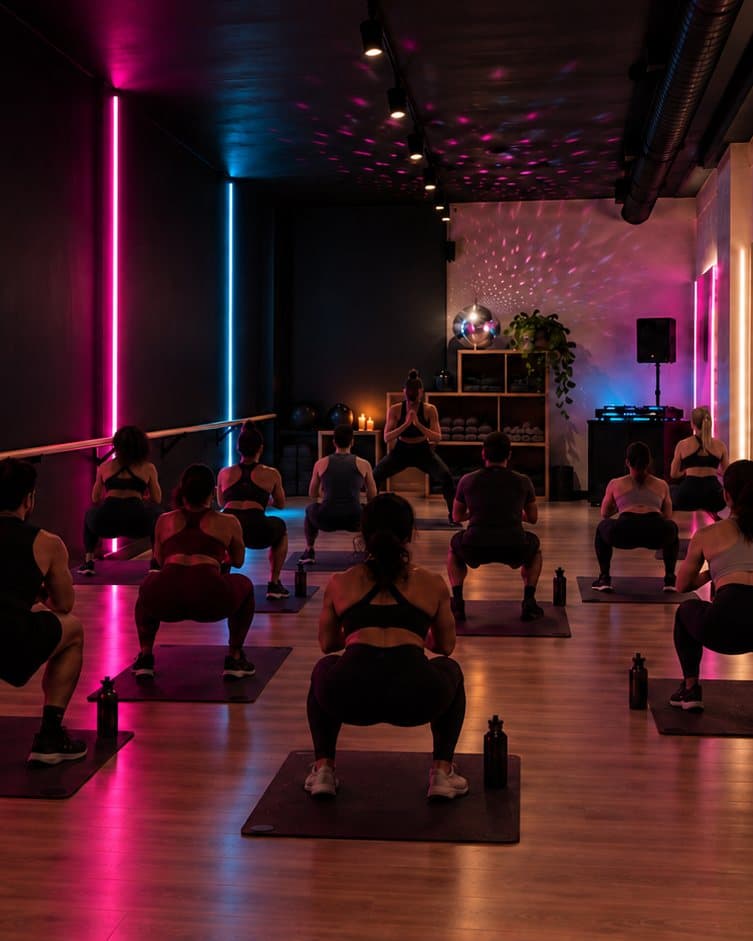Clase en movimiento bajo luz neón en el salón de BPM club